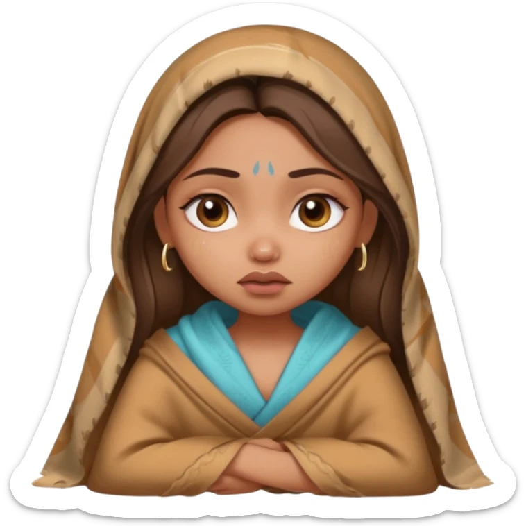 a pretty bratz fair indian girl wearing a brown pajamas and blnaket, dark circles, crying sticker