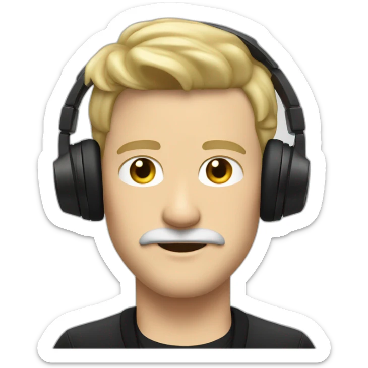 ADULT WHITE MAN BLONDE HAIR AND BLONDE MUSTACHE USING A BLACK JACKET AND A HEADPHONE WITH A NEUTRAL FACE sticker