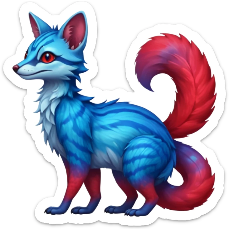 Feral Rare Fantasy  vibrant cyan-cobalt-blue-to-crimson-red gradient-colored iridescent glossy fur Vernid-Sergal-Genet-Trico-species by LiLaiRa, random markings, tufted tail, tufted ears, full body sticker