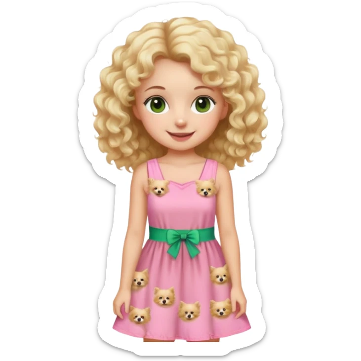 smiling girl with blonde curly hair and brown/Green eyes in a pink summer dress with A Blond Pomerania  sticker
