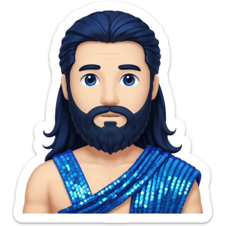 Neptune from Roman Deities with long black hair and beard, blue sequin toga sticker