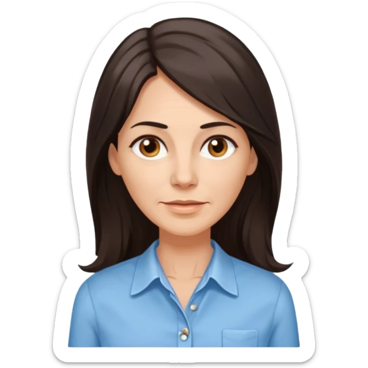 vit 50-årig kvinna med jättelångt mörkbrunt hår med vita slingor bruna ögon ljusblå skjorta med översta knappen uppknäppt sticker