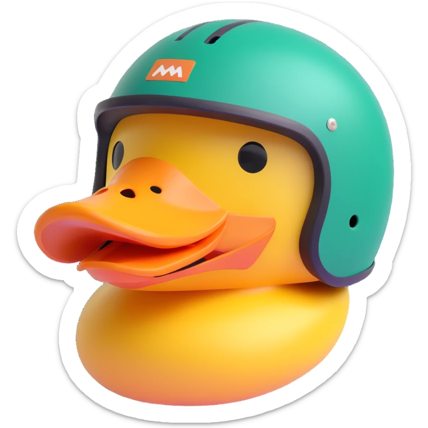 duck head wearing a downhill helmet, clear view of the helmet and duck's face, fun and bold sticker