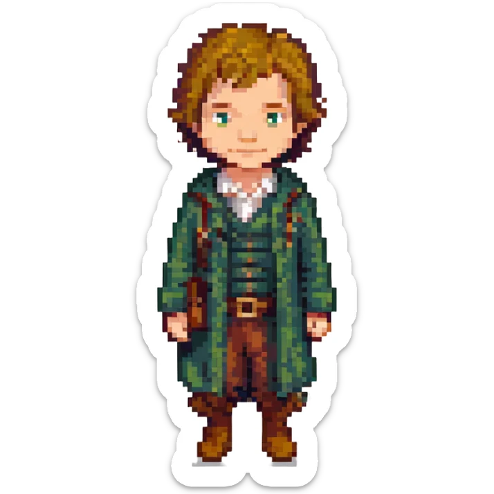 Whole body image of bilbo baggins from the hobbit movie in pixel art style. Bilbo is younger. Make Bilbo look like the actor that portrayed him in the movie, Martin Freeman. Bilbo is wearing the same outfit he was wearing when he left the shire with Thorin Oakenshield. sticker