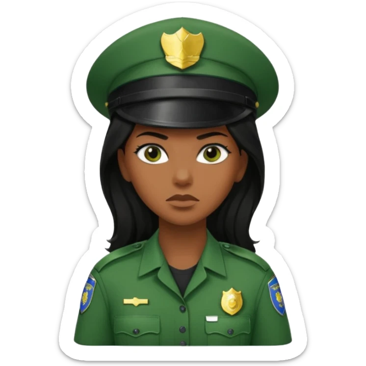 Female POLICE IN green, long black hair, brown skin sticker