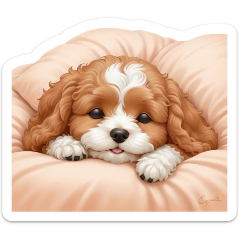 Cinematic Meme-Worthy cute Sleeping Cavoodle Portrait Emoji, Head resting peacefully with a contented smile, showcasing a delightfully cute build and a luxuriously soft, curly apricot coat with gentle white accents, eyes shut in a serene nap, Simplified yet hilariously adorable features, highly detailed, glowing with a soft, drowsy light, high shine, relaxed and utterly lovable, stylized with an air of playful laziness, bright and heartwarming, soft glowing outline, capturing the essence of a comically sleepy Cavoodle, so meme-worthy it feels like it could instantly become the next viral sensation of adorable slumber! sticker