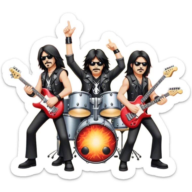 Icon for Heavy Metal Music: 4 men band on stage with electric guitars, drums and intense lighting. 3 guitarists and 1 drummer, surrounded by energy and stage effects, capturing the power and intensity of a metal concert. Transparent background. sticker