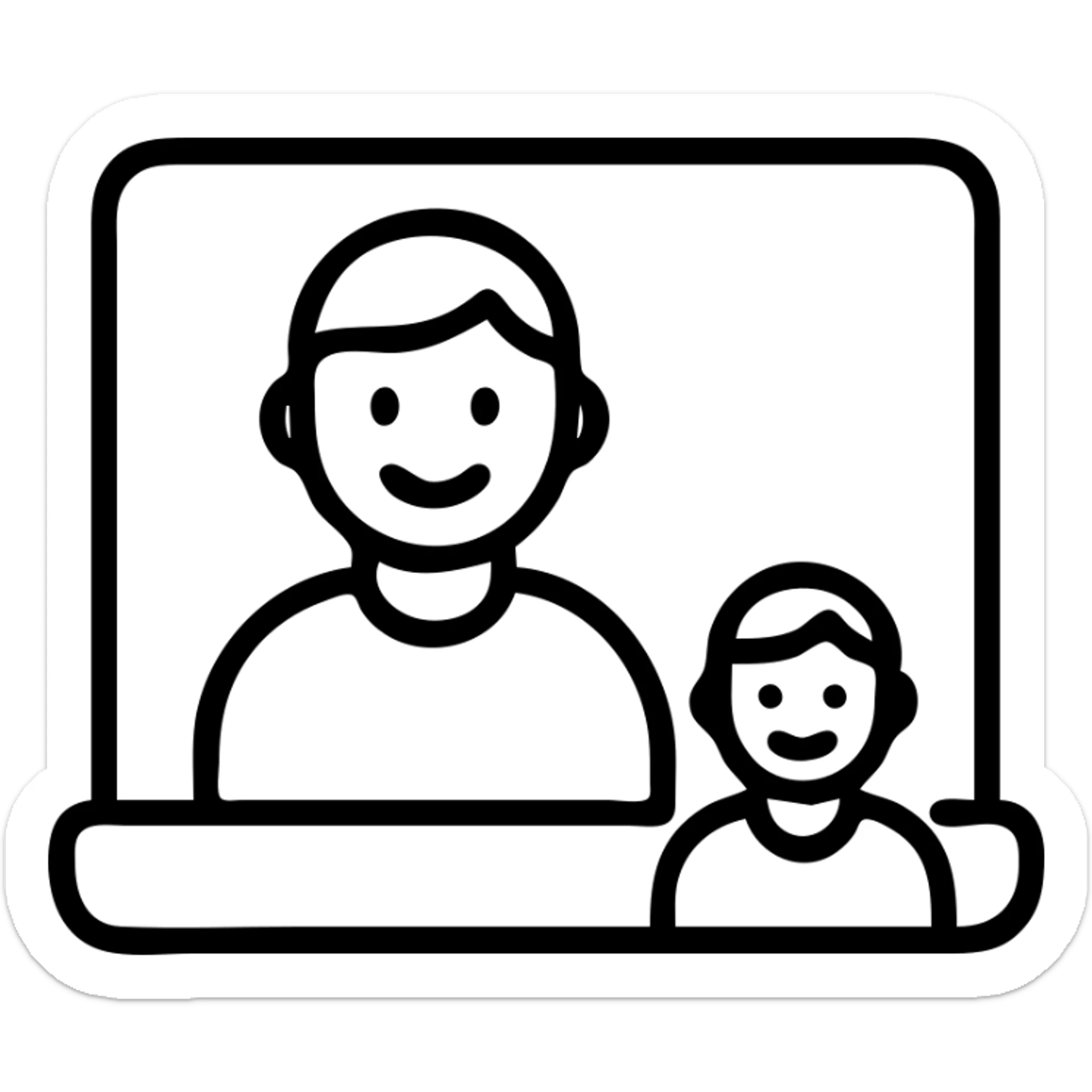 Minimalist illustration of a virtual meeting with two smiling individuals, one on a laptop screen, expressing connection and communication. sticker