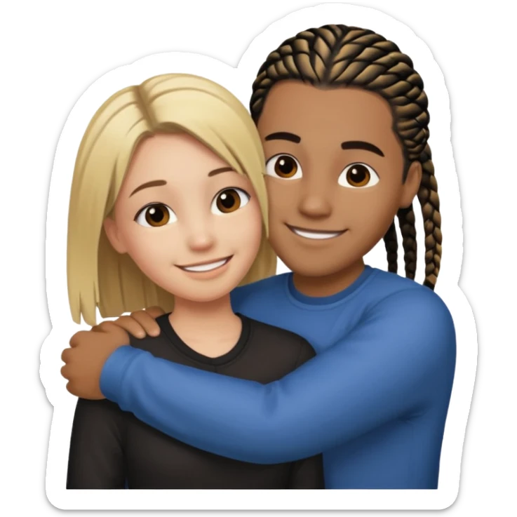 dirty blonde girl with straight hair and medium toned guy with black cornrows hair hugging sticker