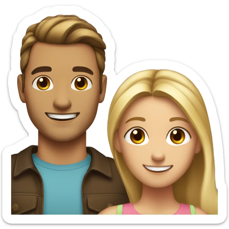 Woman and man smiling, woman has straight Brown hair in a ponytail, slightly sunkissed skin, man has blonde long hair which are in a ponytail, slightly sunkissed skin sticker