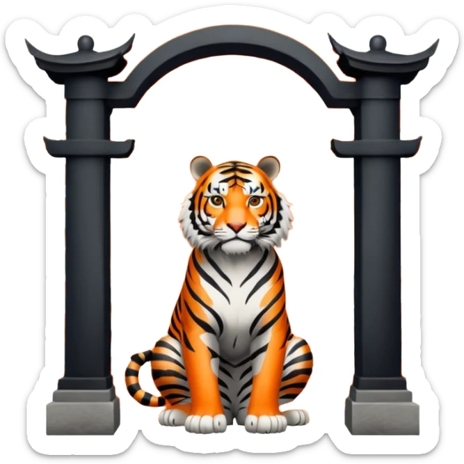 Traditional Chinese ink painting style emoji. A powerful tiger (like the ancient character 虎), standing guard in front of mystical gates (門). Energy swirls around him like a vortex (🌀). Minimalist, transparent background, 512x512 pixels. sticker
