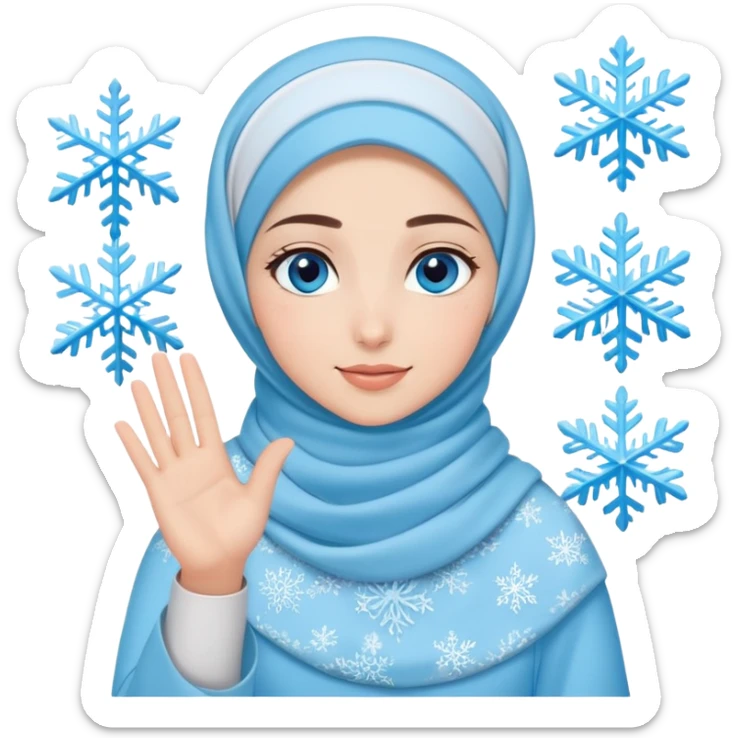 Turkish beautiful finish Konya girl blue eyes with light blue winter design hijab islamic dress and had on her hand snowflakes and she wave one's hand sticker
