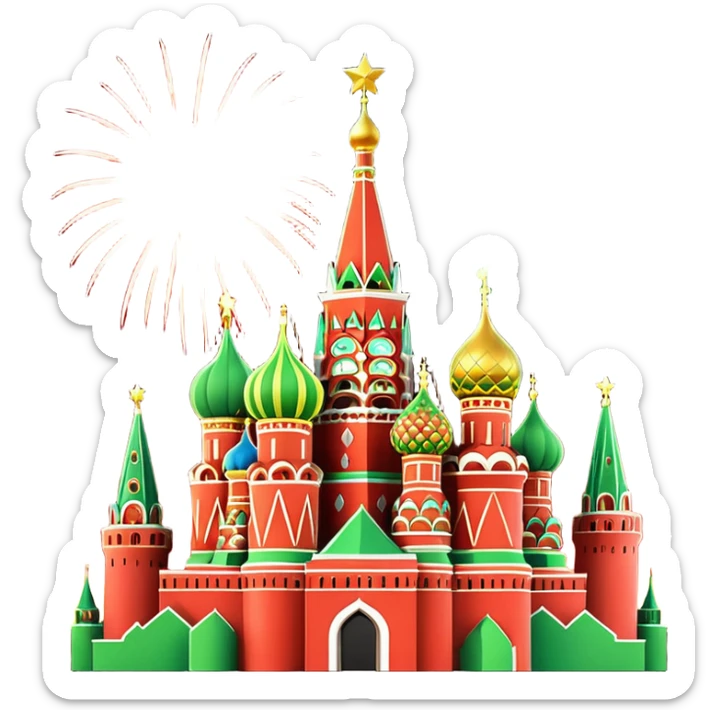 Apple style 3D emoji of New Year fireworks over Moscow. Vibrant multi-colored sparkling bursts (red, gold, green) in the sky. Below, a simplified glossy 3D silhouette of the Kremlin towers with glowing red stars. 
 sticker