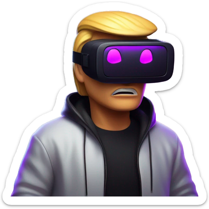 Donald Trump wearing a black hoodie with "OMG" letters on it and VR headset oculus quest 2 in a cyberpunk VR environment with violet neon lighting. sticker