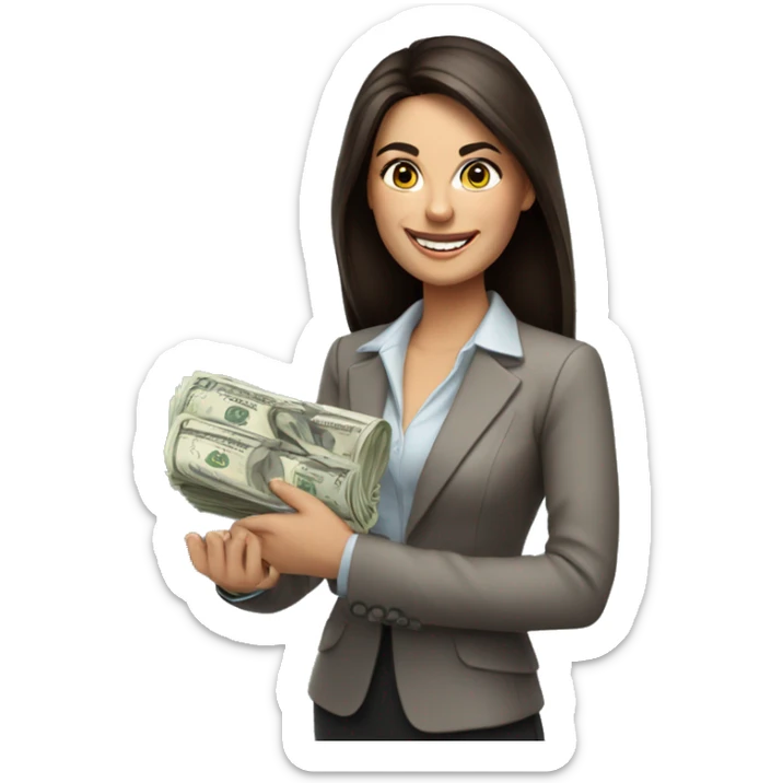 brunette business woman with money in her hand, smiling sticker
