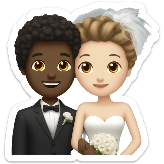 black man, afro hair, white woman, brown hair, hugging wedding sticker