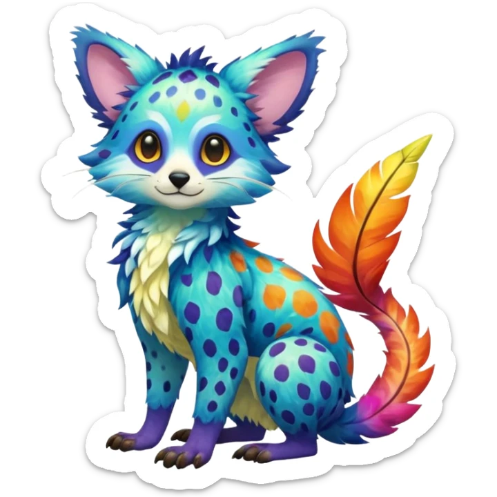 Colorful tropical exotic shiny beautiful fantasy-Trico-Cacomistle-oncilla-animal-Fakémon-hybrid-fursona (full body) sticker