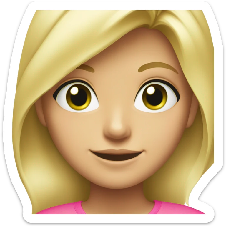 Blonde girl with green eyes wearing a pink shirt and smiling sticker
