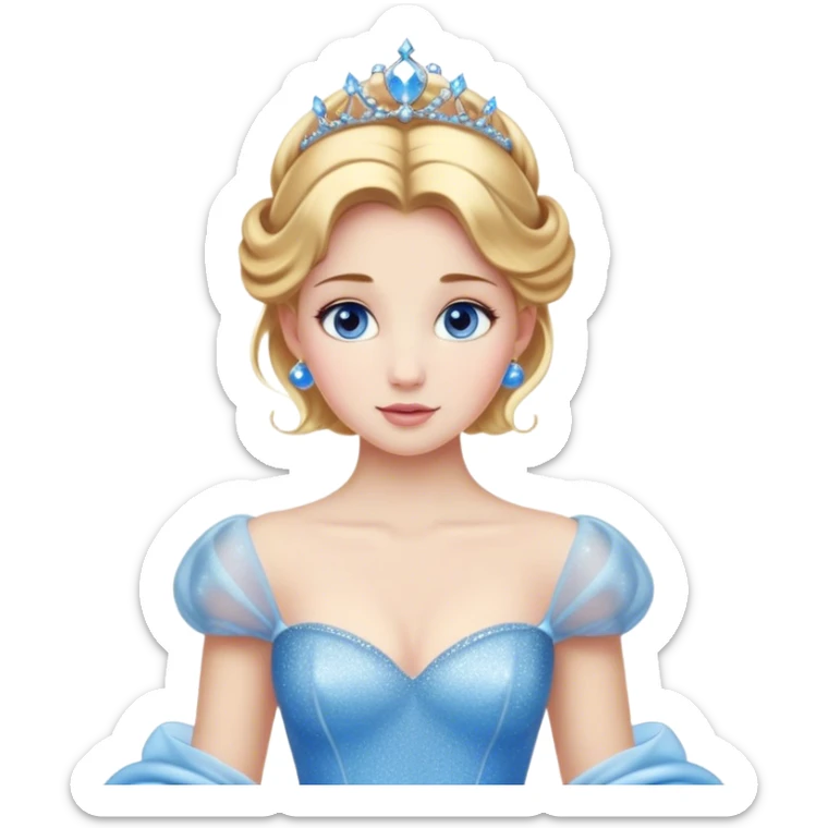 Cinematic Stunning Cinderella Portrait Emoji, Radiant in her sparkling blue ball gown, golden hair in a perfect updo, soft blue eyes full of wonder, glistening tiara, glowing with an ethereal beauty, regal yet kind, a dreamlike aura surrounds her, capturing the essence of a fairy tale princess, elegant and breathtaking! sticker
