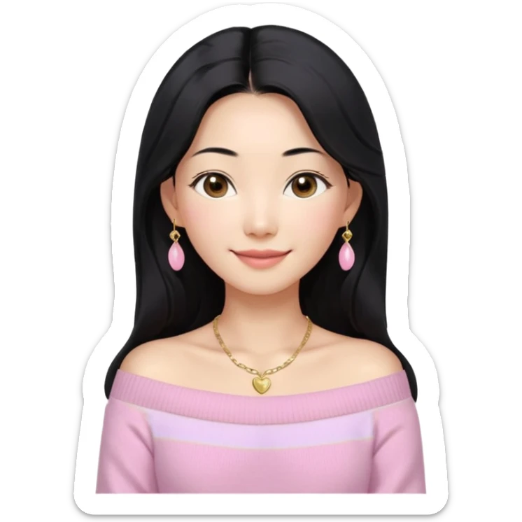 South Korean girl in her mid-thirties with long black hair and a middle part. She is wearing a baby pink, off the shoulder long sleeve knit sweater. She has small gold earrings and a gold necklace. She has brown eyes with narrow, mono lid shape and smiling with lips together sticker