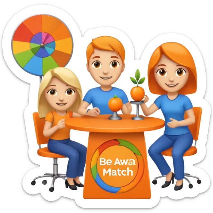 emoji of a recruitment booth. Two cartoon figures stand behind an orange table with 'MARROW, be a match' branding, a colorful spinning wheel, and a branded vertical banner. Simplified and cute. There should not be fruit in the picture.  sticker