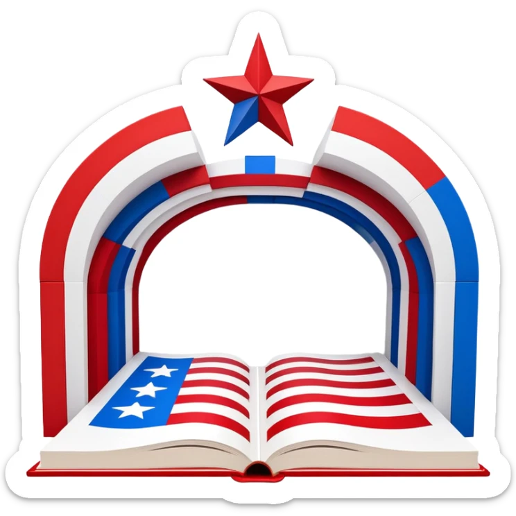 Theater scenography book with pages forming the Puerto Rican flag design, red and blue stripes with white star, showing stage elements and set designs sticker