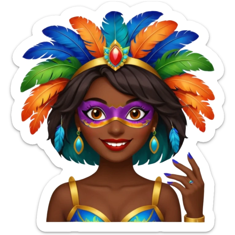 i need the same girl in "dark skin girl, dark red lipstick, nails very beautiful" to be smiling in "carnival mas costume, blue, green and orange preferably, full costume feathers at the back" she is to be smiling, hair should be dark and in a bob  sticker