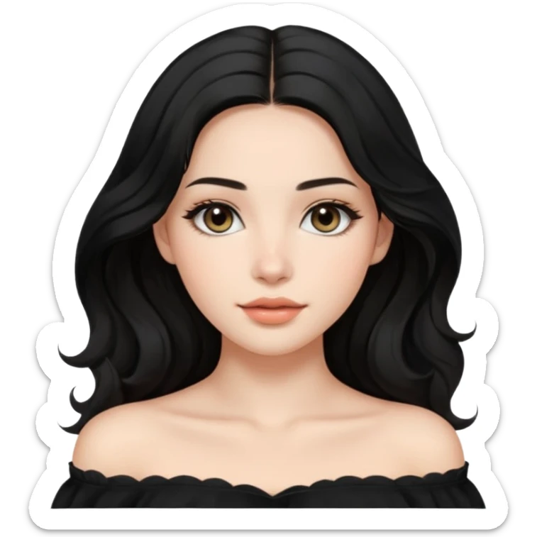 A realistic 3D avatar of a young woman with a soft oval face, slim cheeks, natural almond eyes, long wavy black hair, minimal makeup, wearing a black off-shoulder top, elegant and aesthetic, not cartoonish. sticker