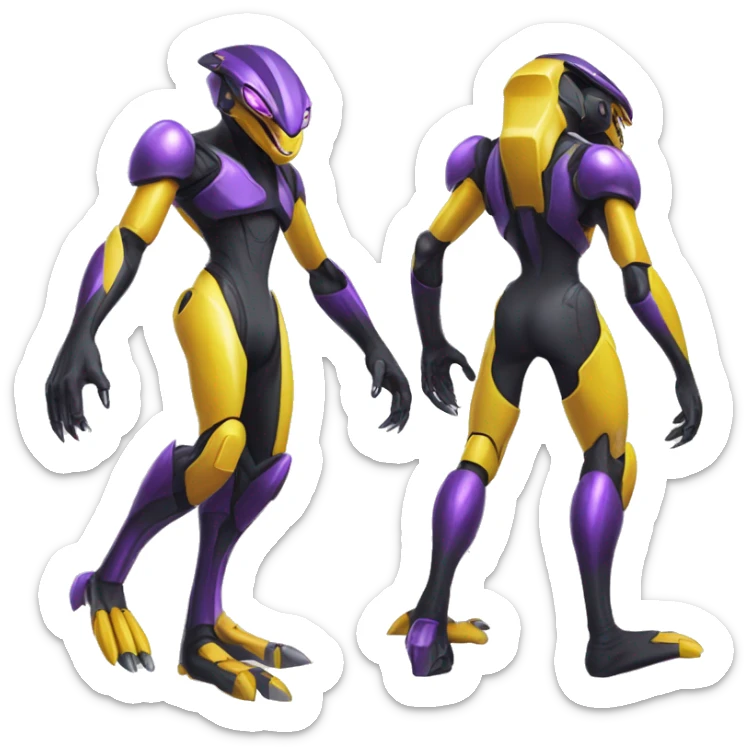 a shiny black-purple-yellow Genesect-Raptor-Fakémon—hybrid with a futuristic visor-helmet full body sticker