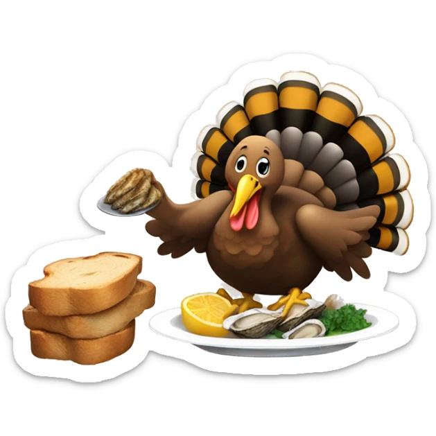 Turkey holding slice of dark, black toasted bread with pan of oysters, fire sticker