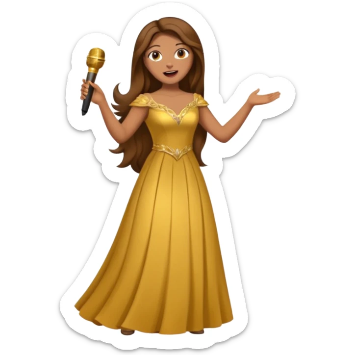 woman opera singer singing with long brown hair and golden dress and entire body sticker