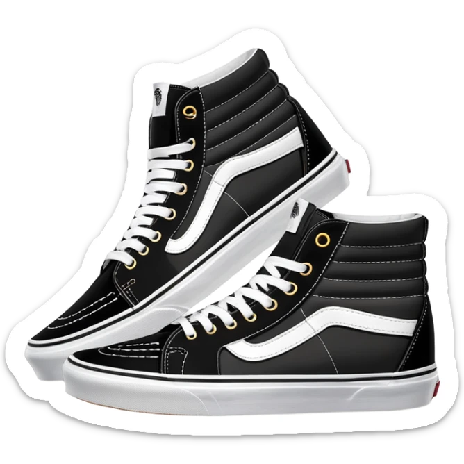 Black Vans Sk8-Hi shoes arranged as a neat pair with the back shoe slightly offset behind the front one, detailed high tops with signature white stripe and waffle soles sticker