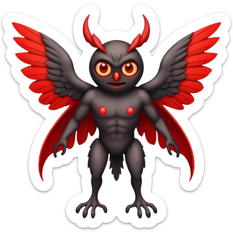Create a scary emoji of the mothman with bright red eyes and as depicted in the legend. Make it less bird like sticker