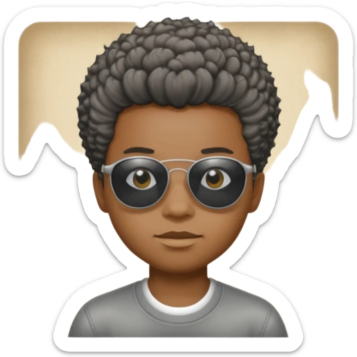Un garçon,de couleur noir avec des lunettes de soleil grise,il a des cheveux crépus et au dessus de sa tete il est écrit BOUSS  sticker