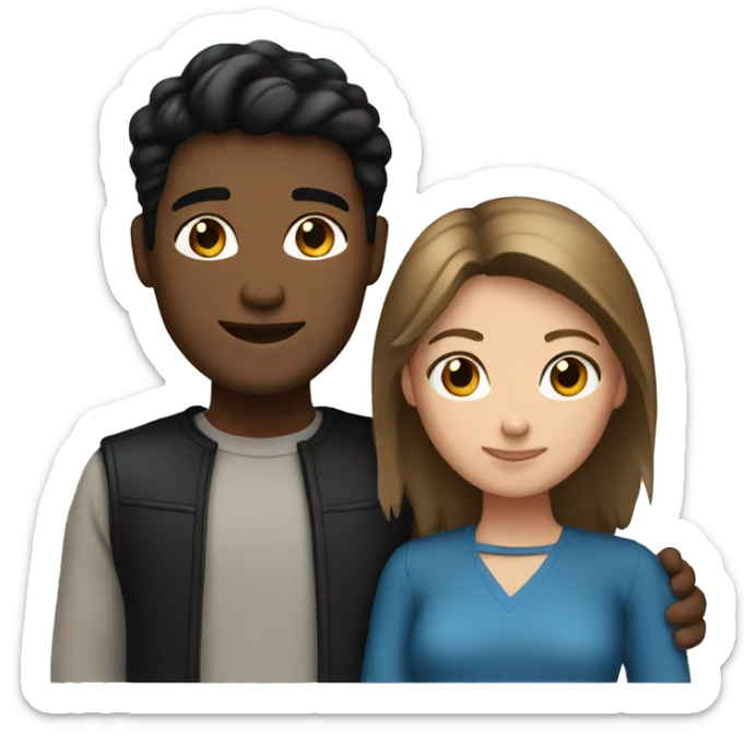 Couple embrace. man with light brown skin and black hair. short white woman with brown hair and blue eyes  sticker