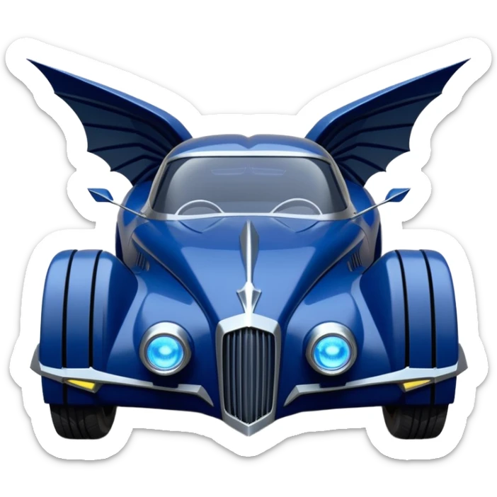  the animated series aerodynamic alien opulent dark knight futuristic concept Batmobile loosely based on 1936 cord 812(flat long straight faceted mechanical body) winged stealthy blue headlight covers street hot rod  sticker