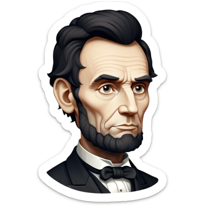 Cinematic Realistic Abraham Lincoln Portrait Emoji, depicted as a stoic iconic statesman with a tall dignified silhouette and thoughtful expression, rendered with detailed textures and dramatic historical lighting that captures his timeless presence. sticker