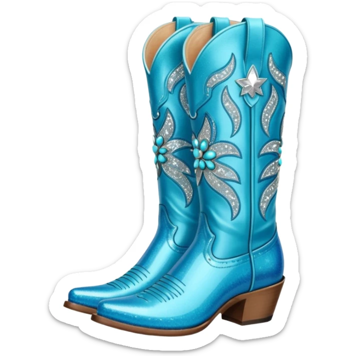 Realistic  blue fashion cowgirl boots with sparkly shiny glitter  sticker