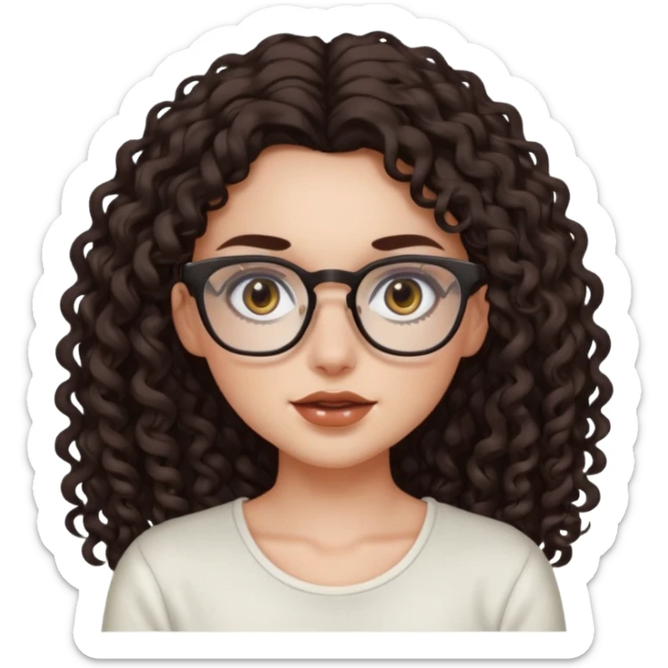 aesthetic white girl with dark brown, long curly hair, she wears an offwhite top and wears square glasses and her eyes are black sticker