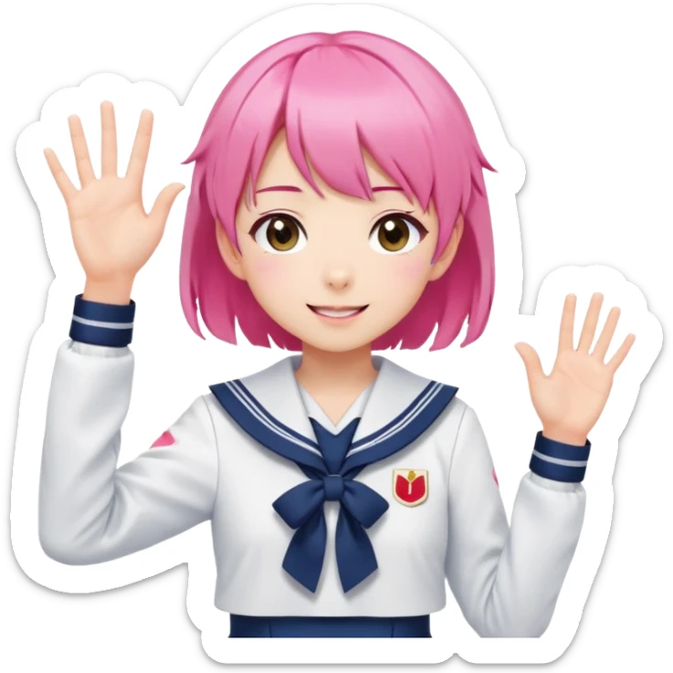 Anime girl with short bright pink hair wearing Japanese sailor style school uniform, composed posture with hand on hip but energetically waving with other hand, excited smile and happy eyes sticker