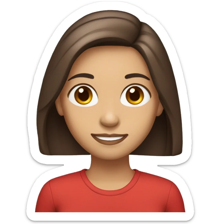 smiling woman with light to medium skin, straight dark brown hair with middle part red shirt  sticker