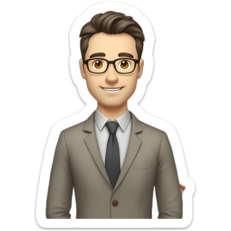 Pale skinned fit man teacher with dark brown hair in gray jacket, beige office shirt, brown tie, brown pants and vintage glasses Writing on the marker board sticker