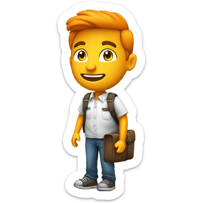 Un viajero joven y amigable, con camisa ligera, mochila y maleta, predominando el color naranja #c7743c. Sonriente, moderno y cálido. sticker