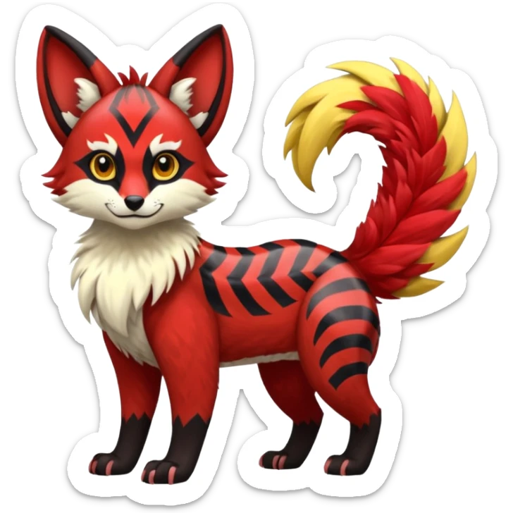 Futuristic sanguine-red banana-yellow black chevron-marked furry fluffy floofy feathery tribal marked Genet-Absol-Kyurem-Zeraora-Primagen-fusion-creature  sticker