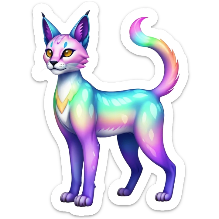 An iridescent transparent luminescent colorful fantasy-lynx-caracal-serval-fakemon-creature-hybrid sticker