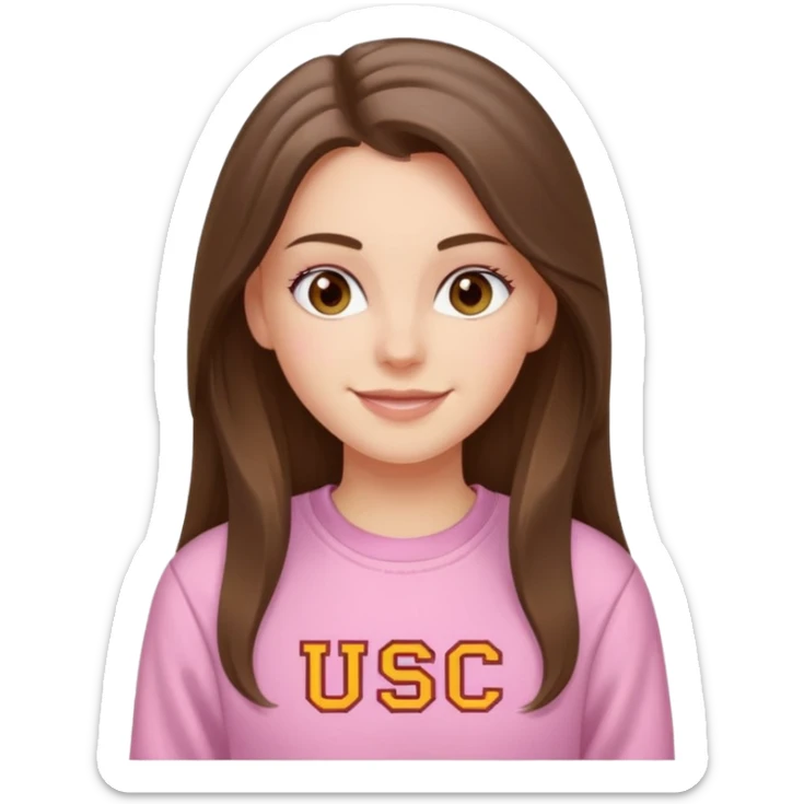 happy white long brunette hair girl with hazel eyes and in light pink USC sweatshirt sticker