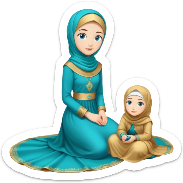 Turkish beautiful finish Konya girl blue eyes with gold hijab and islamic long tailed turquoise dress on the floor and had on her hand text Eid Mubarak  sticker