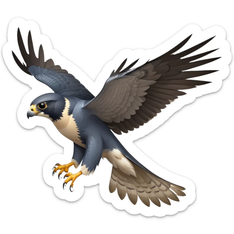 cinematic-peragrin falcon-realistic-full-body-diving-emoji,-sleek-aerodynamic-frame-plummeting-through-the-air-with-lightning-speed,-razor-sharp-talons-poised-for-the-strike,-feathered-wings-angled-for-maximum-precision,-keen-dark-eyes-locked-onto-its prey sticker