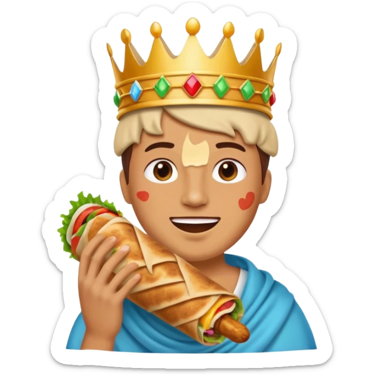 half-body person eating a big tasty kebab wrap, wearing a crown, happy and relaxed, simple colorful playful emoji style sticker