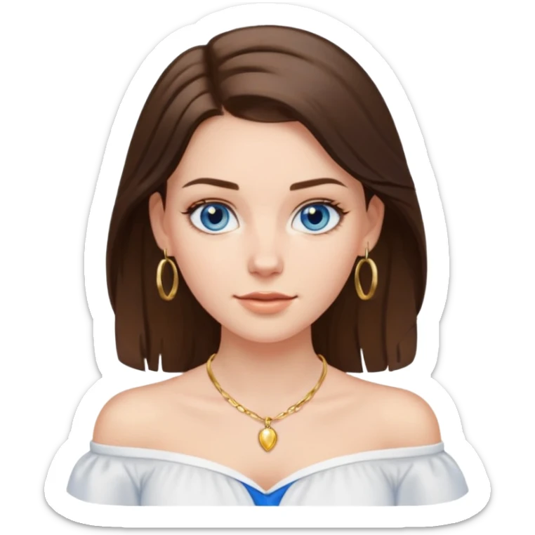 A pretty white girl with brunette hair blue eyes  thin gold hoop earrings and a matching gold necklace in a white shirt that cuts off the shoulders sticker